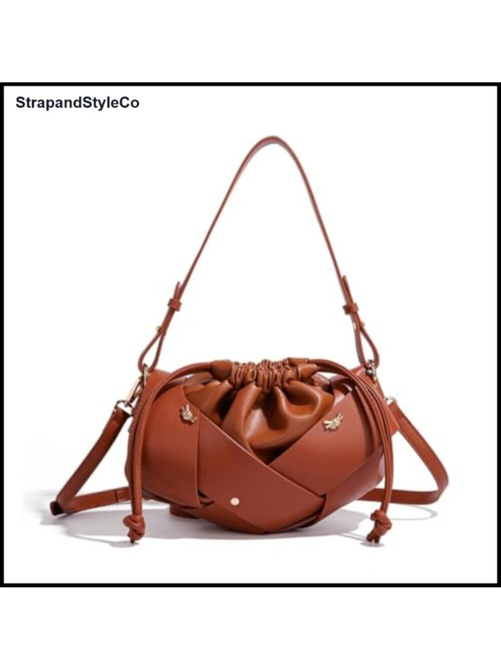 Woven Faux Leather Crossbody Bucket Bag Adjustable Strap Women